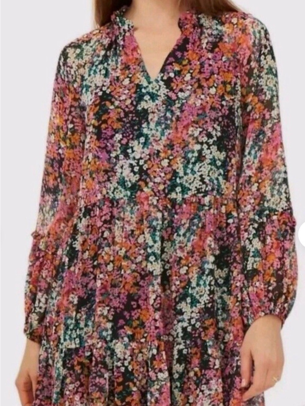 Vince Camuto Black Floral Long-Sleeve Tiered Dress